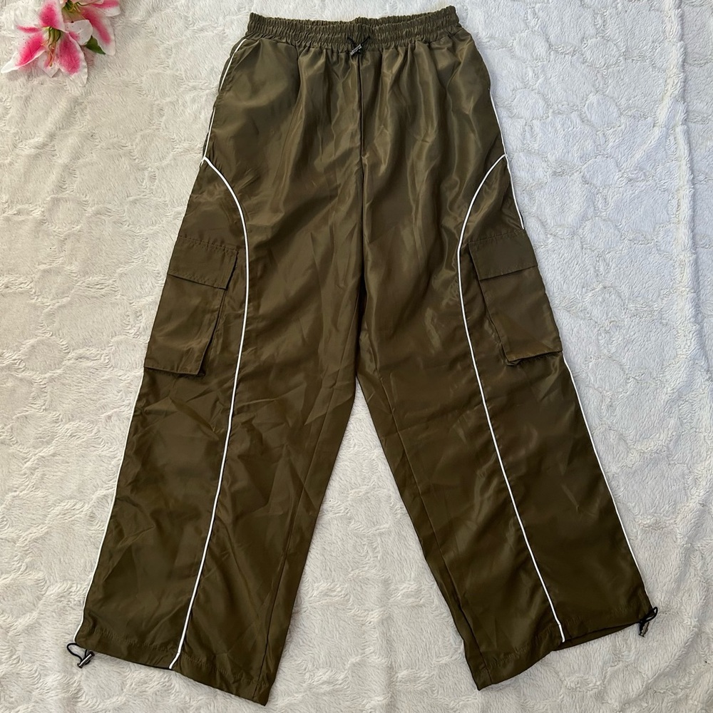 Olive Green Wide Leg Parachute Cargo Track Pants Nylon Elastic Pull On - Large